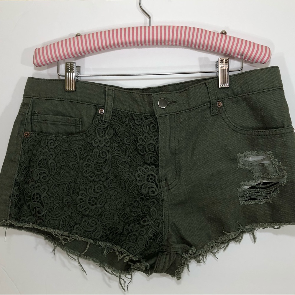 Forever 21 Distressed Lace overlay Denim Shorts 30